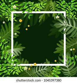 Natural background with green leaves spring season, Colorful Hibiscus Flowers Blossom and Tropical Leaves, on green Background. Vector illustration.