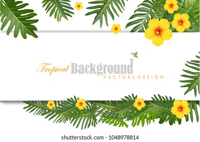 Natural background with green leaves spring season, Colorful Hibiscus Flowers Blossom and Tropical Leaves, on green Background. Vector illustration.