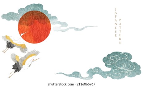 Natural background with Japanese pattern vector. Hand drawn crane birds and cloud elements template with watercolor texture. Abstract arts wallpaper in vintage style.