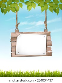 Natural background with leaves and a wooden sign. Vector.