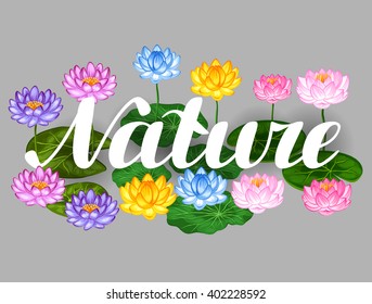 Natural background with lotus flowers and leaves. Image for design on t-shirts, prints, decorations brochures, websites.