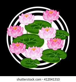 Natural background with lotus flowers and leaves. Image for design on t-shirts, prints, decorations brochures, websites.