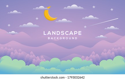 natural background with mountains and moon with night atmosphere with flat design style, landscape background