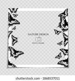 Natural Background Photo Frame Template with Butterfly for post in Social Network. Vector Illustration