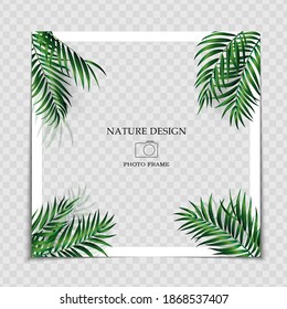 Natural Background Photo Frame Template with Palm leaves for post in Social Network. Vector Illustration
