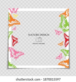 Natural Background Photo Frame Template with Butterfly for post in Social Network. Vector Illustration