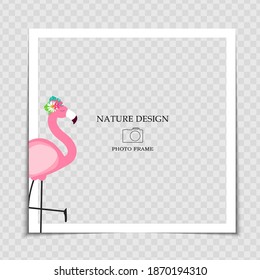 Plantilla de marco fotográfico de fondo natural con flamingo para publicación en red social. Ilustración vectorial