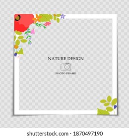 Natural Background Photo Frame Template with flowers for post in Social Network. Vector Illustration