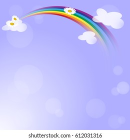 Natural background with rainbow and daisies in summer or spring day. Seasonal card with place for text.
