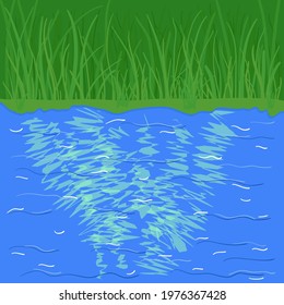 Natural background with river and grass. Vector illustration
