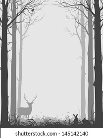 natural background with silhouettes of trees, grass, animals, birds and insects, frame, light colors, vector illustration