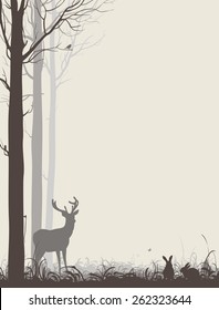 natural background with silhouettes of trees, grass, animals, birds and insects, frame, light colors, vector illustration