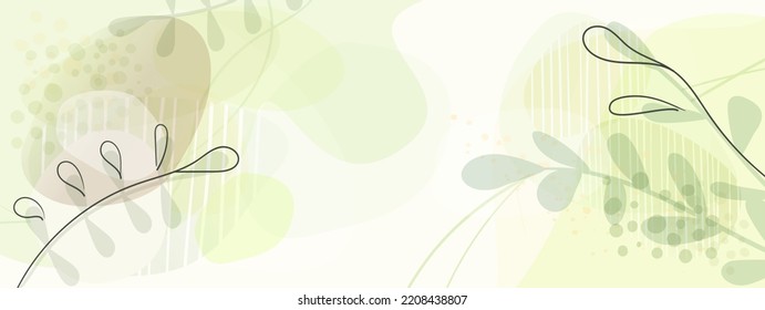 Natural background in soft green tones, with beige shapes and space for text in the center. Botanical line art. Modern invitation card in naive style. 