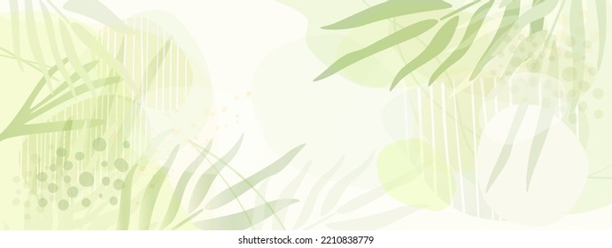 Natural background in soft green tones, with tropical leaves, abstract shapes and space for text in the center. Modern invitation card in naive style. Use of vector illustration as banners