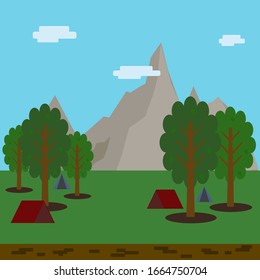 Natural background. Summer camping in the forest near the mountains.