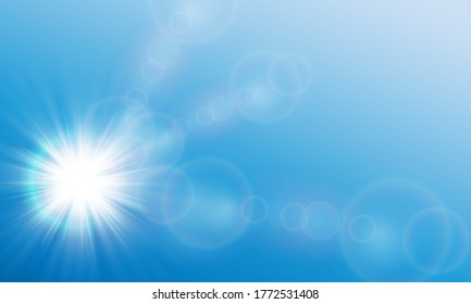 Natural background with the sun on a blue sky. Realistic light on a blue background. Vector illustration