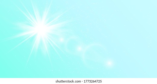 Natural background with the sun on a blue sky. Realistic light on a blue background. Vector illustration