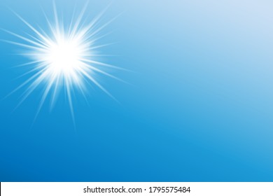 Natural background with the sun on the blue sky. Realistic sun on a blue background. Vector illustration