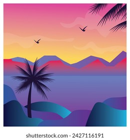 natural background, sunset, coconut tree, mountain, coloring vector illustration