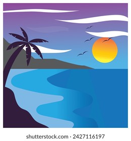 natural background, sunset, coconut tree, mountain, coloring vector illustration