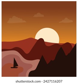 natural background, sunset, coconut tree, mountain, coloring vector illustration