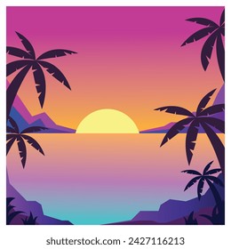 natural background, sunset, coconut tree, mountain, coloring vector illustration