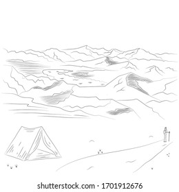 Natural background. Tourist tent and tourist on a background of mountains. Hand-drawn vector illustration.