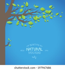 Natural background with tree and blue sky. Vector illustration. Place for text.