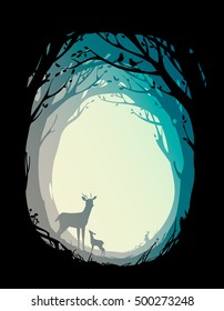 natural background with trees, plants, deer, rabbit and birds. vector illustration