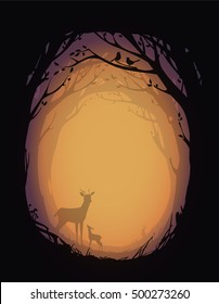 natural background with trees, plants, deer, rabbit and birds. vector illustration