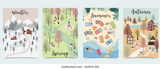 Natural background with winter, spring, summer, autumn season.Poster vector with activity of people
