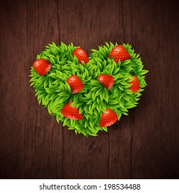 Natural background with wooden board and heart made of leaves and strawberries. Vector illustration. 