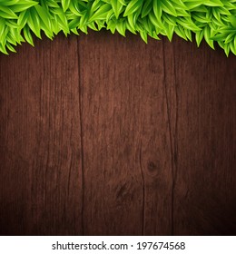 Natural background with wooden board and leaves. Vector illustration. 