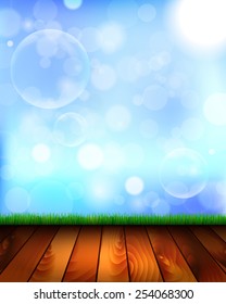 Natural background with wooden floor, grass, sky and bubbles from the bubble blower - vector illustration