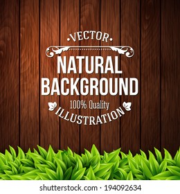 Natural background with wooden planks and leaves. Vector illustration.