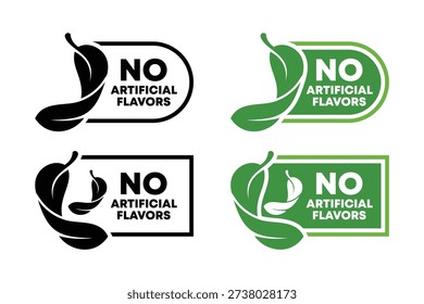 Natural badge logo with leaf icon inside square and oval frame. Modern no artificial flavors label perfect for organic food and healthy product packaging.