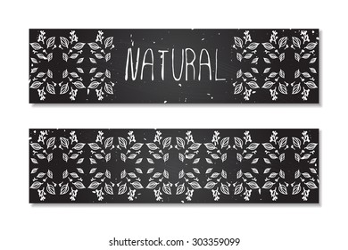 Natural - banner. Hand-sketched herbal elements on chalkboard background.  