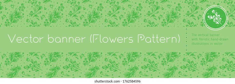 Naturbanner — horizontale Vorlage mit einem nahtlosen Blumenmuster. Tulip-Hintergrund mit floralen Illustrationen für Blumenladen, Kosmetiketiketiketiketiketikett, Schönheitshintergrund. Blumenschmuck von Hand.