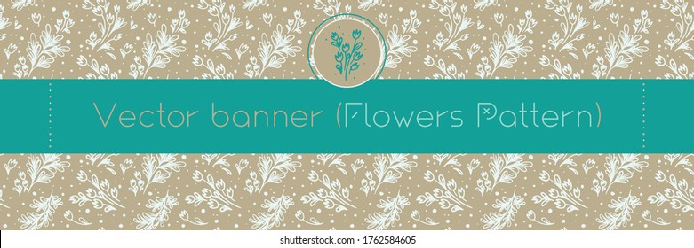 Natural banner — horizontal template with a seamless flower pattern. Tulip field backdrop with floral Illustrations for florist store, cosmetics label, beauty background. Floral handmade ornament.