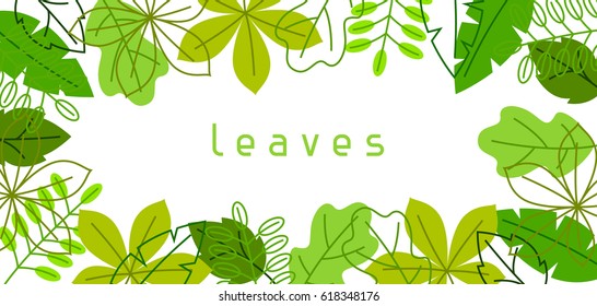 Natural banner with stylized green leaves. Spring or summer foliage.