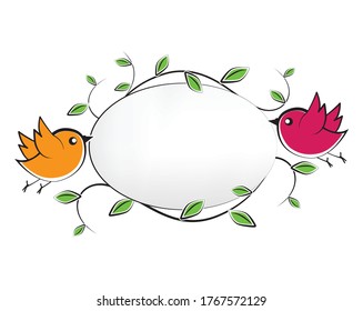 Natural Banner, Vector. Flying Birds Holding Branches. Cartoon Art Design Isolated On White Background