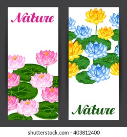Natural banners with lotus flowers and leaves. Design for cards, flayers, brochures, advertising booklets.