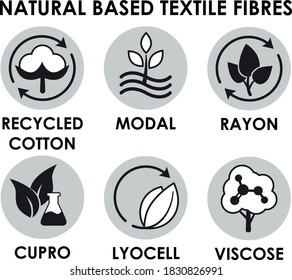 Natural based textile fibre icons. Modal, Recycled cotton, lyocell, rayon, cupro, viscose fibers. Fabric symbols