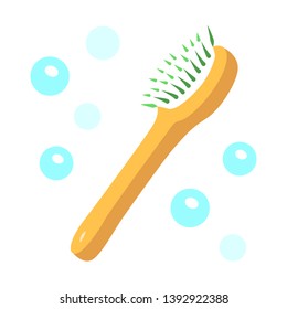 Natural bath brush flat design long shadow color icon. Zero waste swap. Eco friendly, recycle, reusable material. Organic wooden body brush. Skin wash, dry massage tool. Vector silhouette illustration