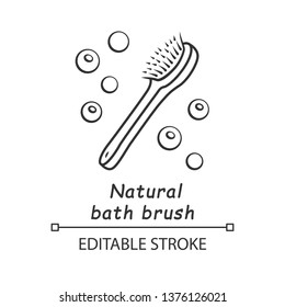 Natural bath brush linear icon. Organic, wooden brush. Bamboo dry massage tool. Spa, bathroom accessory. Thin line illustration. Contour symbol. Vector isolated outline drawing. Editable stroke
