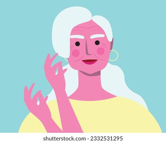 Natural beautiful elderly woman with gray hair isolated, flat vector stock illustration