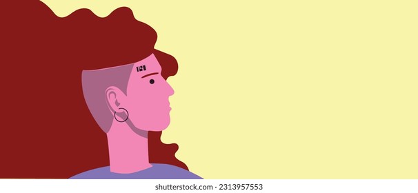 Natural beautiful woman feminist with tattoo as template with place for text, flat vector stock illustration