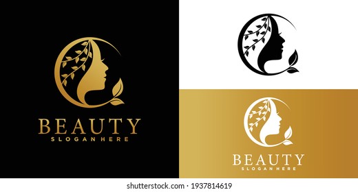 Natural Beautiful woman's face flower logo  with gold gradient and business card design for beauty salon Premium Vector. part 2