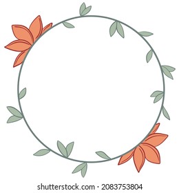 Natural beautiful wreath with flowers and leaves in doodle style. Floral round frame, template for greeting cards or congratulations. Circular foliage border, vector illustration