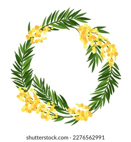 
Natural beautiful wreath with flowers and leaves in doodle style. Floral round frame, template for greeting cards or congratulations. Circular foliage border, vector illustration
